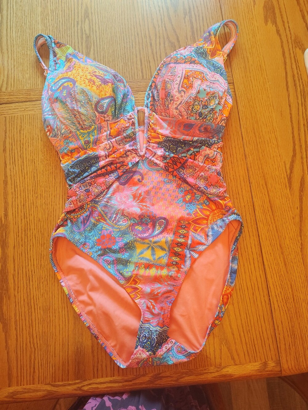 Women One-Piece Swimsuit – Vibrant Orange Paisley Print